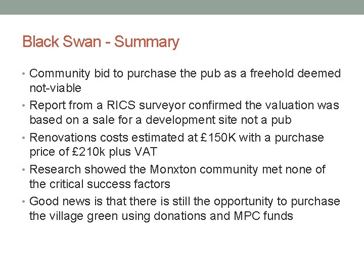 Black Swan - Summary • Community bid to purchase the pub as a freehold