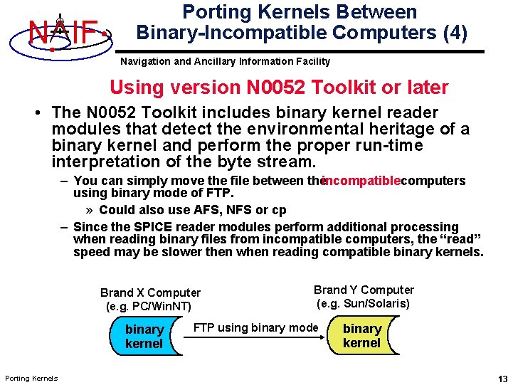 N IF Porting Kernels Between Binary-Incompatible Computers (4) Navigation and Ancillary Information Facility Using