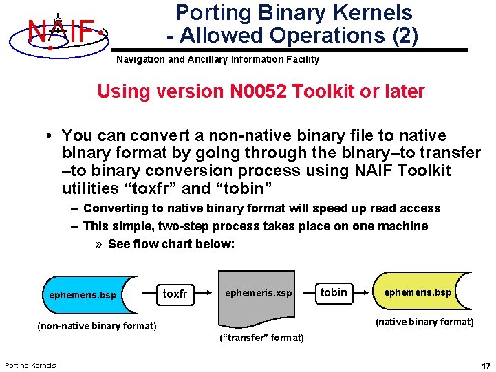 Porting Binary Kernels - Allowed Operations (2) N IF Navigation and Ancillary Information Facility