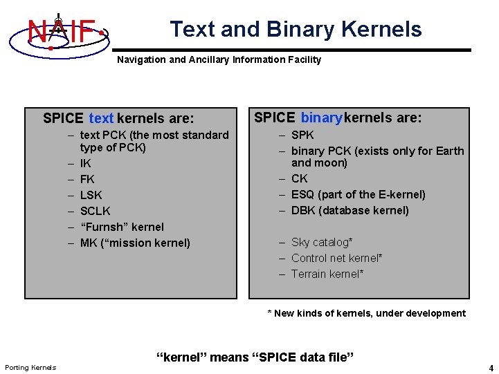 N IF Text and Binary Kernels Navigation and Ancillary Information Facility SPICE text kernels