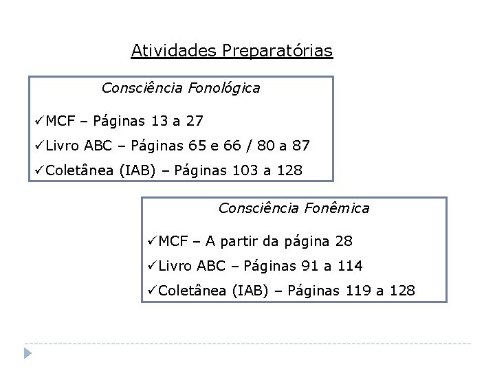 Atividades Preparatórias Consciência Fonológica üMCF – Páginas 13 a 27 üLivro ABC – Páginas