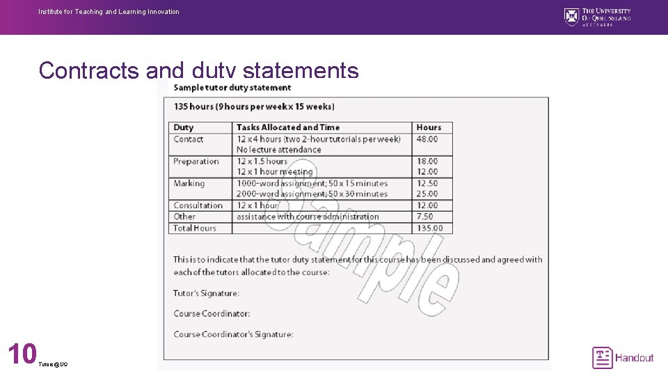 Institute for Teaching and Learning Innovation Contracts and duty statements 10 Tutors@UQ 