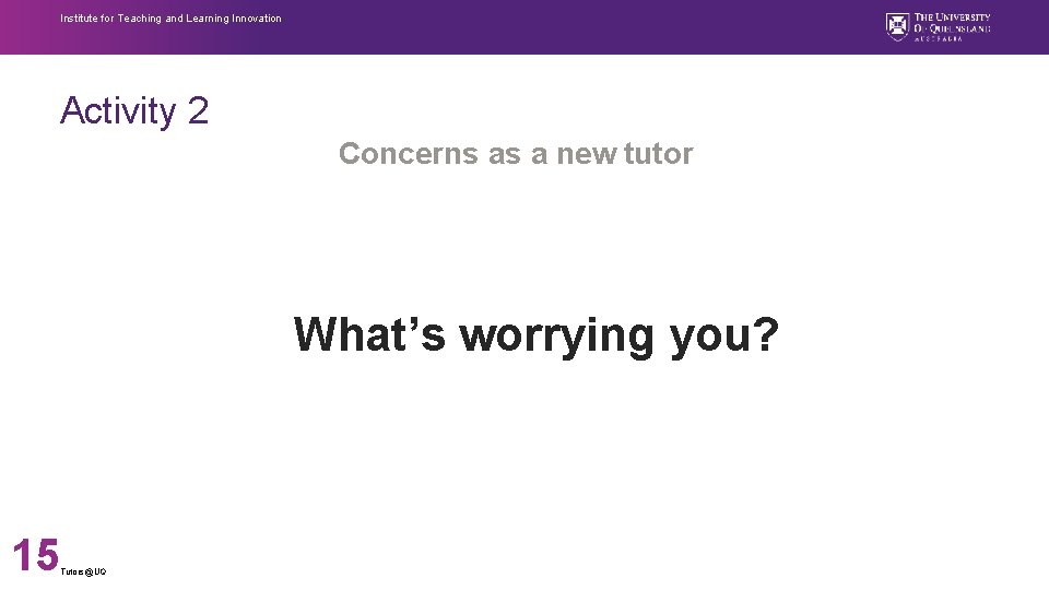 Institute for Teaching and Learning Innovation Activity 2 Concerns as a new tutor What’s