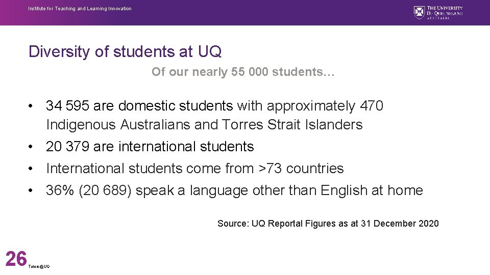 Institute for Teaching and Learning Innovation Diversity of students at UQ Of our nearly