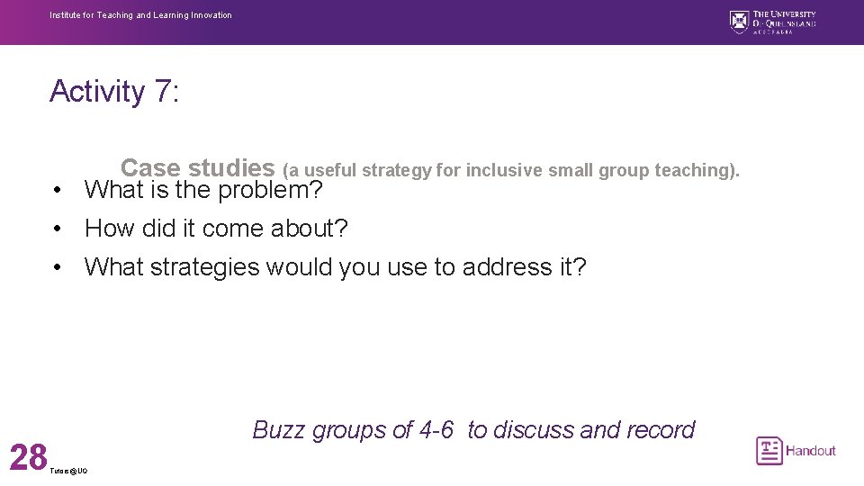 Institute for Teaching and Learning Innovation Activity 7: Case studies (a useful strategy for