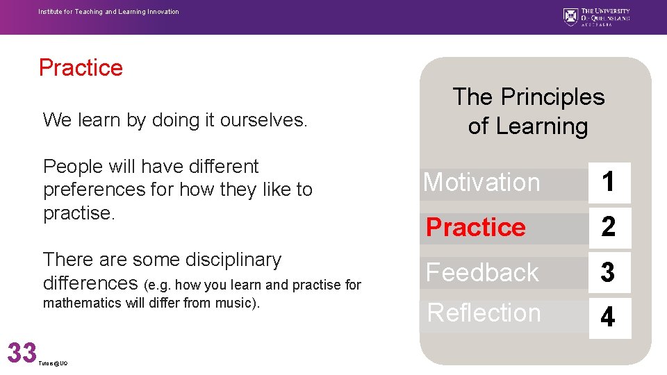 Institute for Teaching and Learning Innovation Practice We learn by doing it ourselves. People