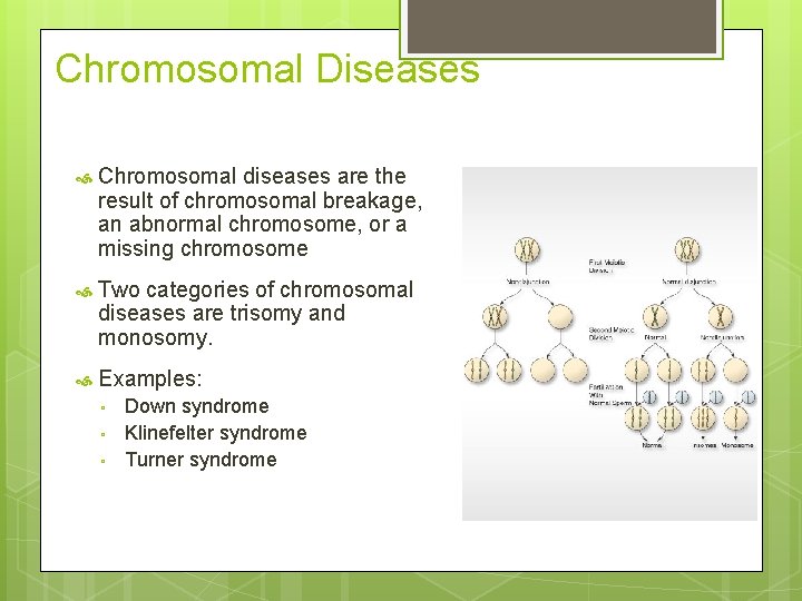 Chromosomal Diseases Chromosomal diseases are the result of chromosomal breakage, an abnormal chromosome, or