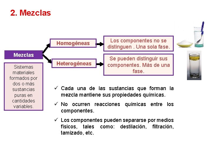 2. Mezclas Homogéneas Los componentes no se distinguen. Una sola fase. Heterogéneas Se pueden