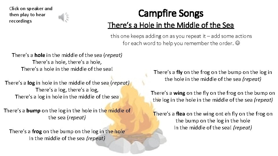 Click on speaker and then play to hear recordings Campfire Songs There’s a Hole