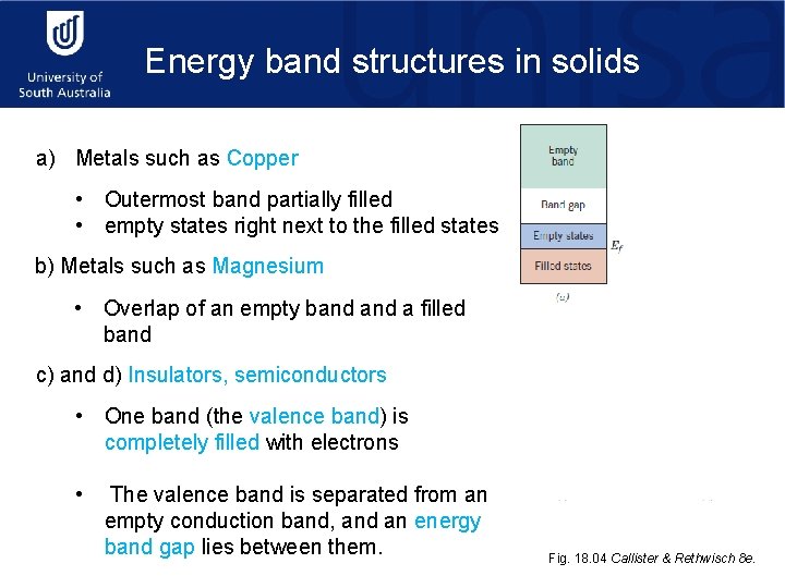 Energy band structures in solids a) Metals such as Copper • Outermost band partially