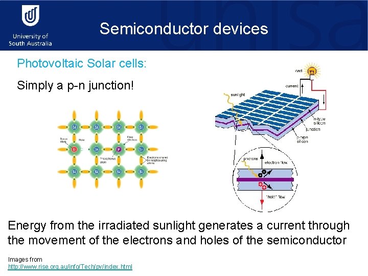 Semiconductor devices Photovoltaic Solar cells: Simply a p-n junction! Energy from the irradiated sunlight