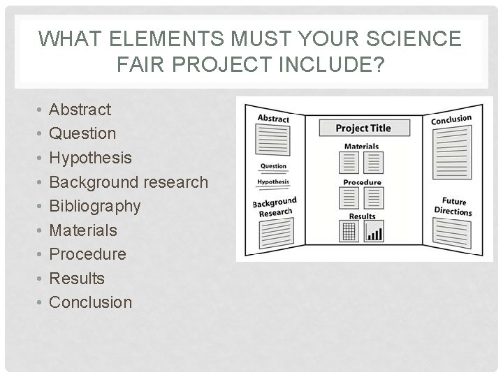 WHAT ELEMENTS MUST YOUR SCIENCE FAIR PROJECT INCLUDE? • • • Abstract Question Hypothesis WHAT ELEMENTS MUST YOUR SCIENCE FAIR PROJECT INCLUDE? • • • Abstract Question Hypothesis