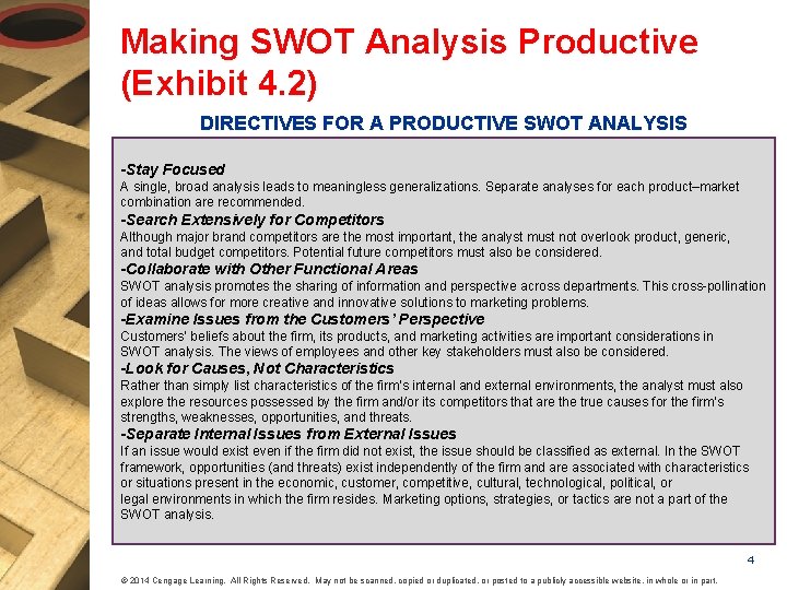 Making SWOT Analysis Productive (Exhibit 4. 2) DIRECTIVES FOR A PRODUCTIVE SWOT ANALYSIS -Stay