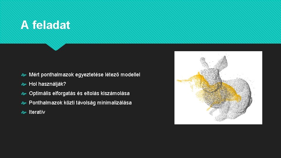 A feladat Mért ponthalmazok egyeztetése létező modellel Hol használják? Optimális elforgatás és eltolás kiszámolása