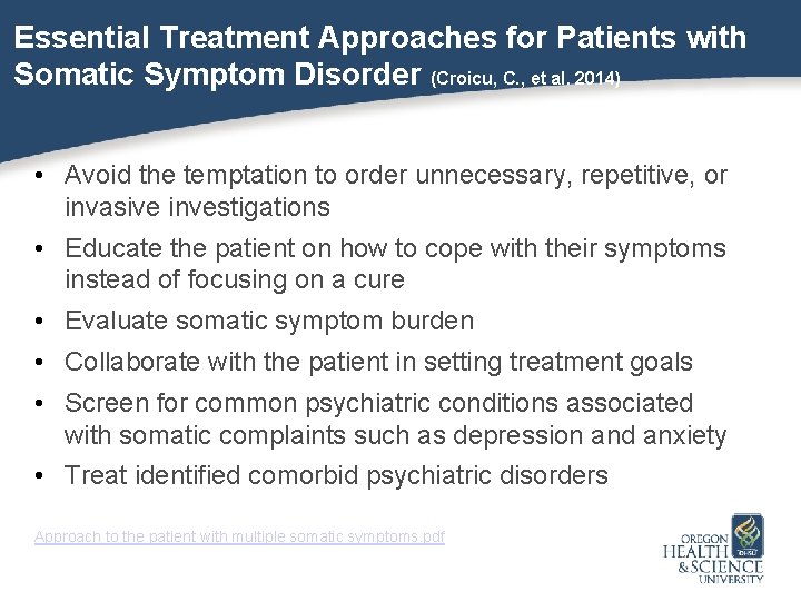 Essential Treatment Approaches for Patients with Somatic Symptom Disorder (Croicu, C. , et al.