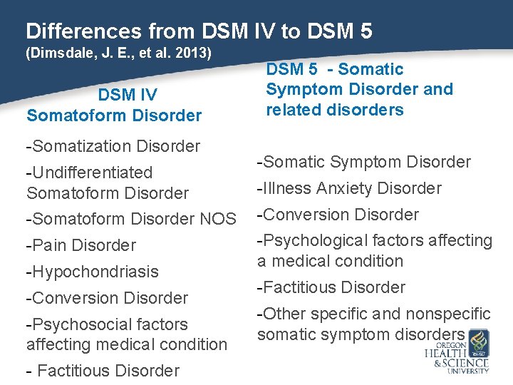 Differences from DSM IV to DSM 5 (Dimsdale, J. E. , et al. 2013)