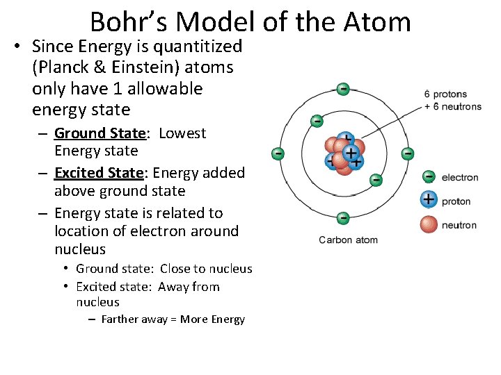 Bohr’s Model of the Atom • Since Energy is quantitized (Planck & Einstein) atoms