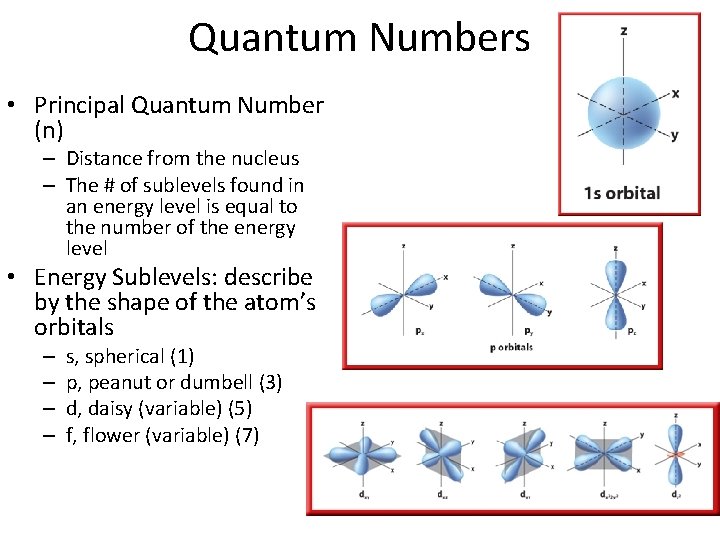 Quantum Numbers • Principal Quantum Number (n) – Distance from the nucleus – The