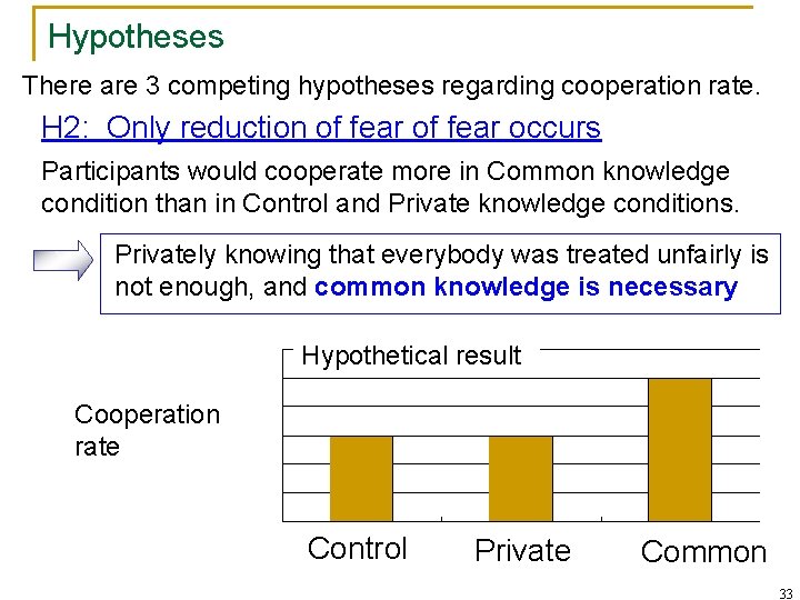 Hypotheses There are 3 competing hypotheses regarding cooperation rate. H 2: Only reduction of