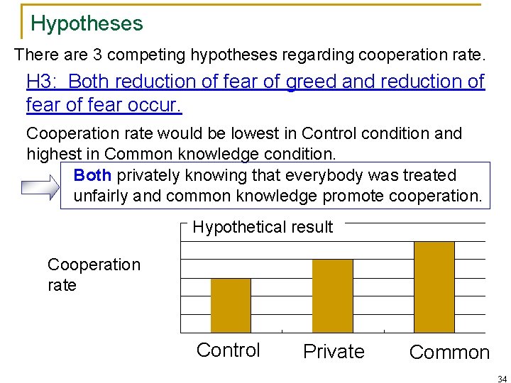 Hypotheses There are 3 competing hypotheses regarding cooperation rate. H 3: Both reduction of