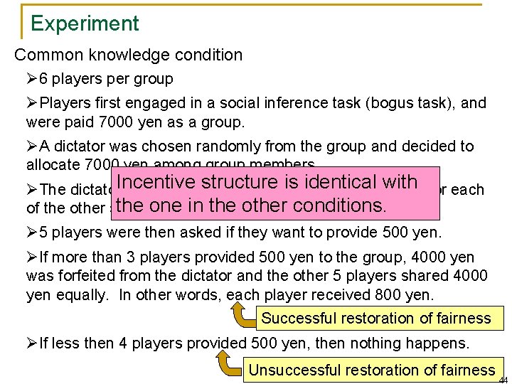 Experiment Common knowledge condition Ø 6 players per group ØPlayers first engaged in a