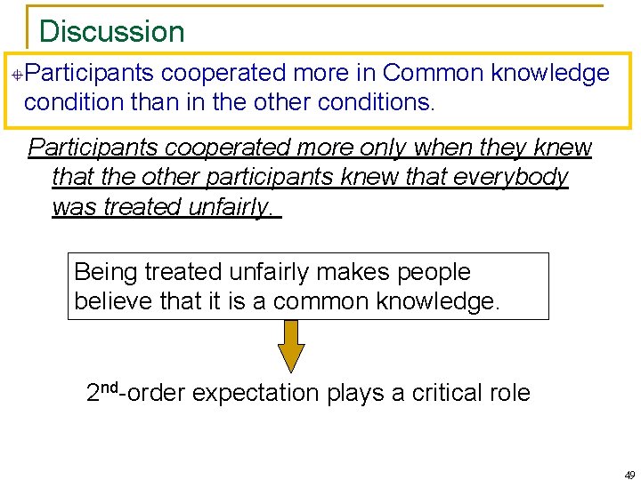 Discussion Participants cooperated more in Common knowledge condition than in the other conditions. Participants