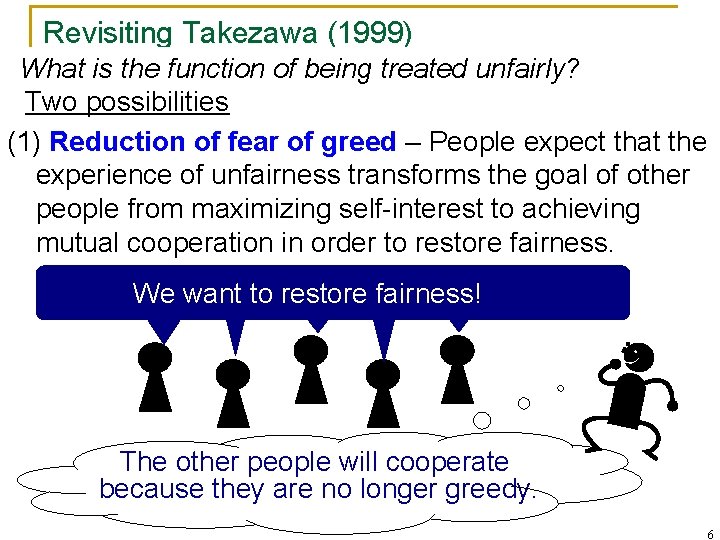 Revisiting Takezawa (1999) What is the function of being treated unfairly? Two possibilities (1)