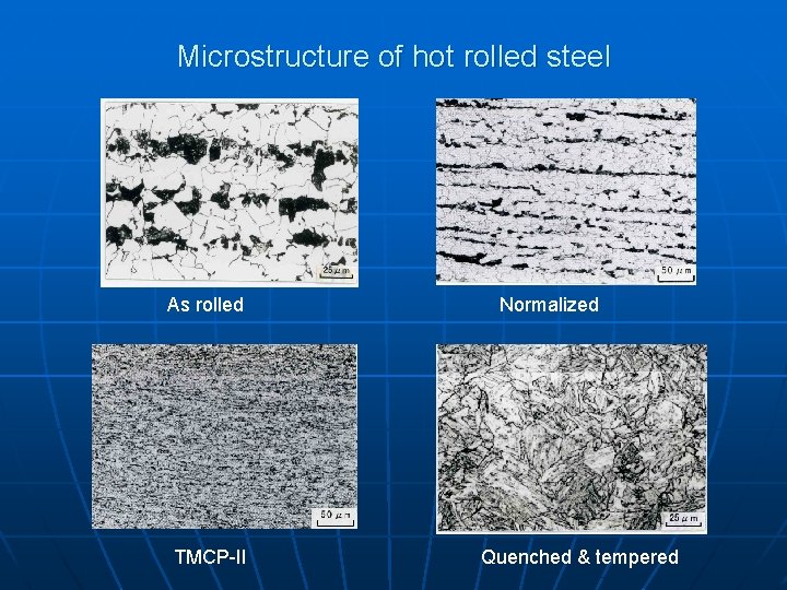 Microstructure of hot rolled steel As rolled TMCP-II Normalized Quenched & tempered 