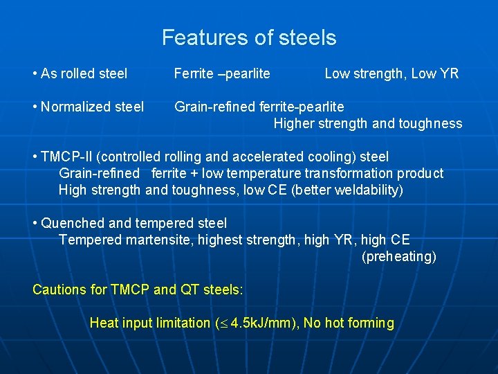Features of steels • As rolled steel Ferrite –pearlite • Normalized steel Grain-refined ferrite-pearlite