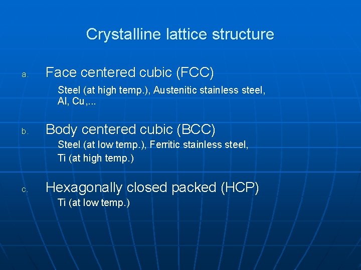 Crystalline lattice structure a. Face centered cubic (FCC) Steel (at high temp. ), Austenitic