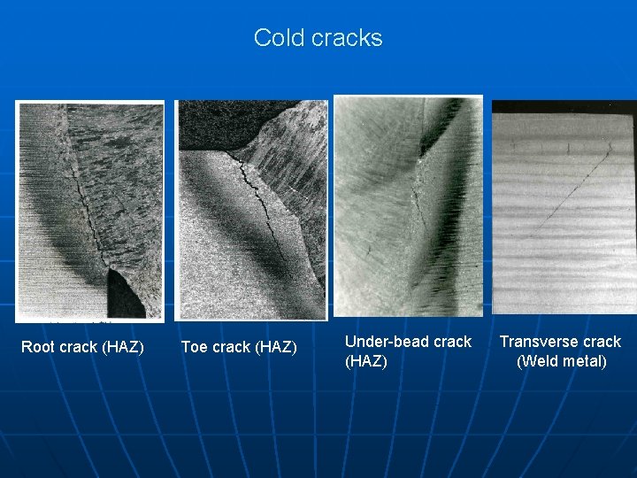 Cold cracks Root crack (HAZ) Toe crack (HAZ) Under-bead crack (HAZ) Transverse crack (Weld