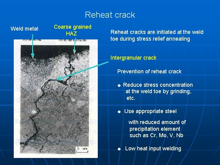 Reheat crack Weld metal Coarse grained HAZ Reheat cracks are initiated at the weld