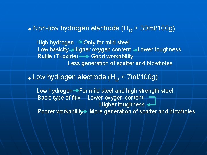 u Non-low hydrogen electrode (HD > 30 ml/100 g) High hydrogen Only for mild