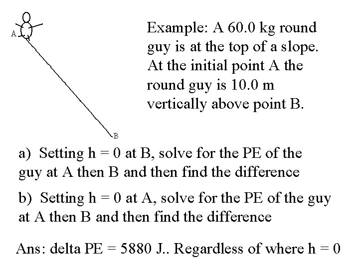 Example: A 60. 0 kg round guy is at the top of a slope.