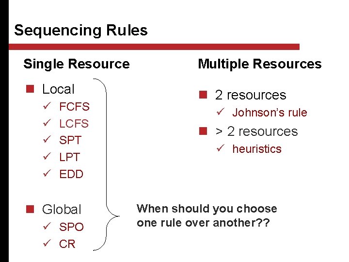 Sequencing Rules Single Resource Multiple Resources n Local n 2 resources ü ü ü