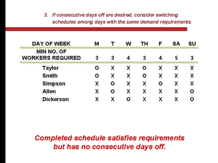 3. If consecutive days off are desired, consider switching schedules among days with the
