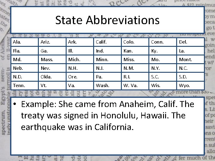State Abbreviations Ala. Ariz. Ark. Calif. Colo. Conn. Del. Fla. Ga. Ill. Ind. Kan.