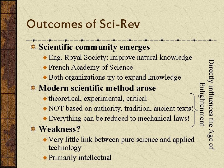 Outcomes of Sci-Rev Scientific community emerges Modern scientific method arose theoretical, experimental, critical NOT