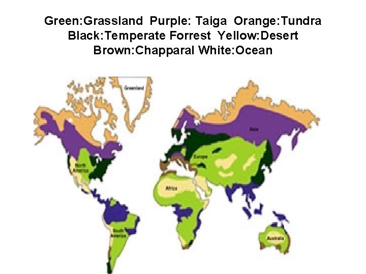 Green: Grassland Purple: Taiga Orange: Tundra Black: Temperate Forrest Yellow: Desert Brown: Chapparal White: