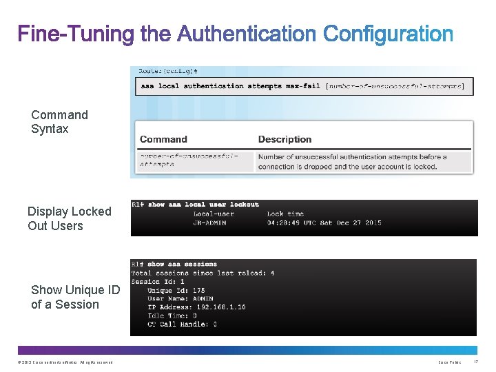 Command Syntax Display Locked Out Users Show Unique ID of a Session © 2013