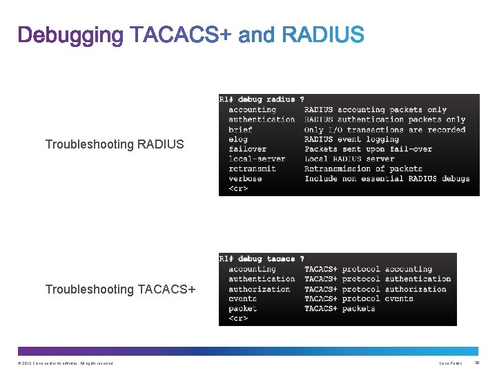 Troubleshooting RADIUS Troubleshooting TACACS+ © 2013 Cisco and/or its affiliates. All rights reserved. Cisco