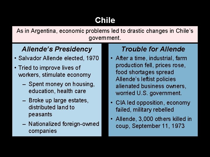 Chile As in Argentina, economic problems led to drastic changes in Chile’s government. Allende’s