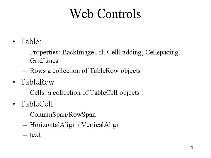Web Controls • Table: – Properties: Back. Image. Url, Cell. Padding, Cellspacing, Grid. Lines