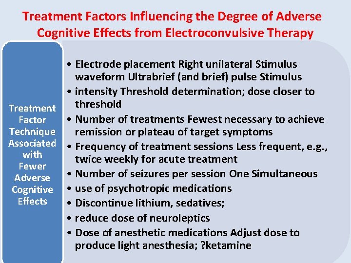 Treatment Factors Influencing the Degree of Adverse Cognitive Effects from Electroconvulsive Therapy • Electrode