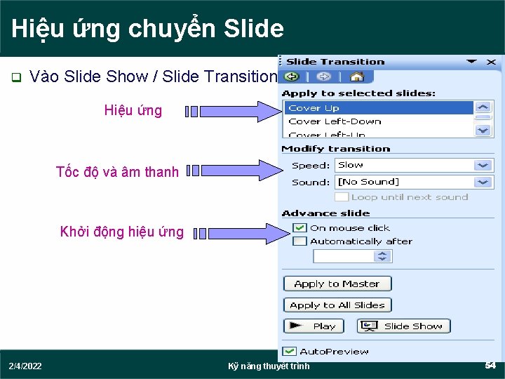 Hiệu ứng chuyển Slide q Vào Slide Show / Slide Transition Hiệu ứng Tốc