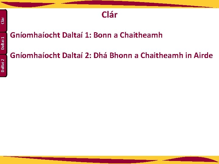 Clár Daltaí 1 Daltaí 2 Clár Gníomhaíocht Daltaí 1: Bonn a Chaitheamh Gníomhaíocht Daltaí