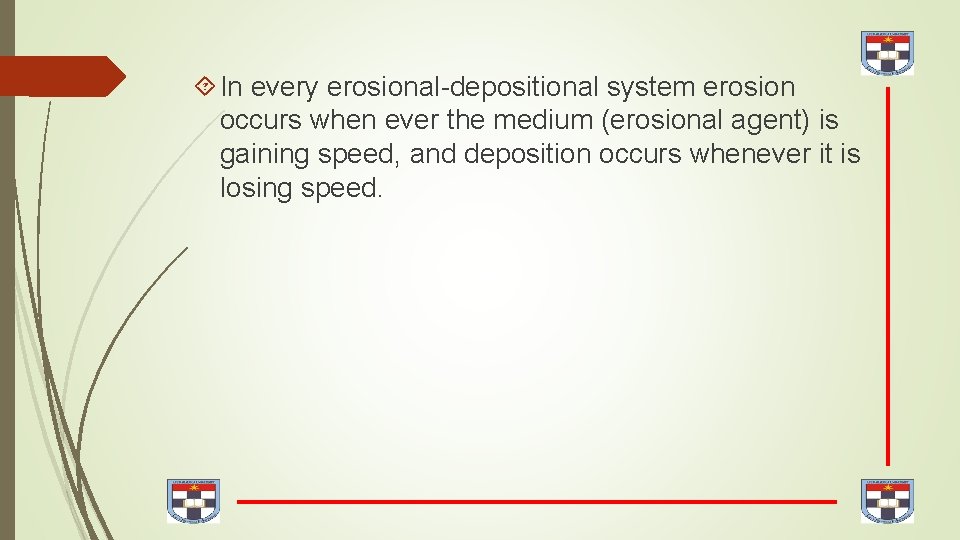  In every erosional-depositional system erosion occurs when ever the medium (erosional agent) is