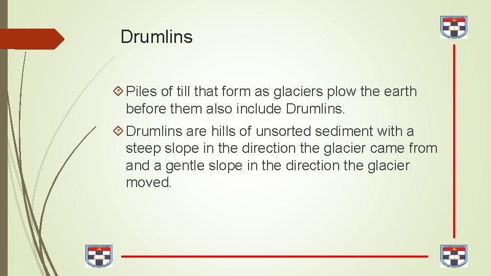 Drumlins Piles of till that form as glaciers plow the earth before them also