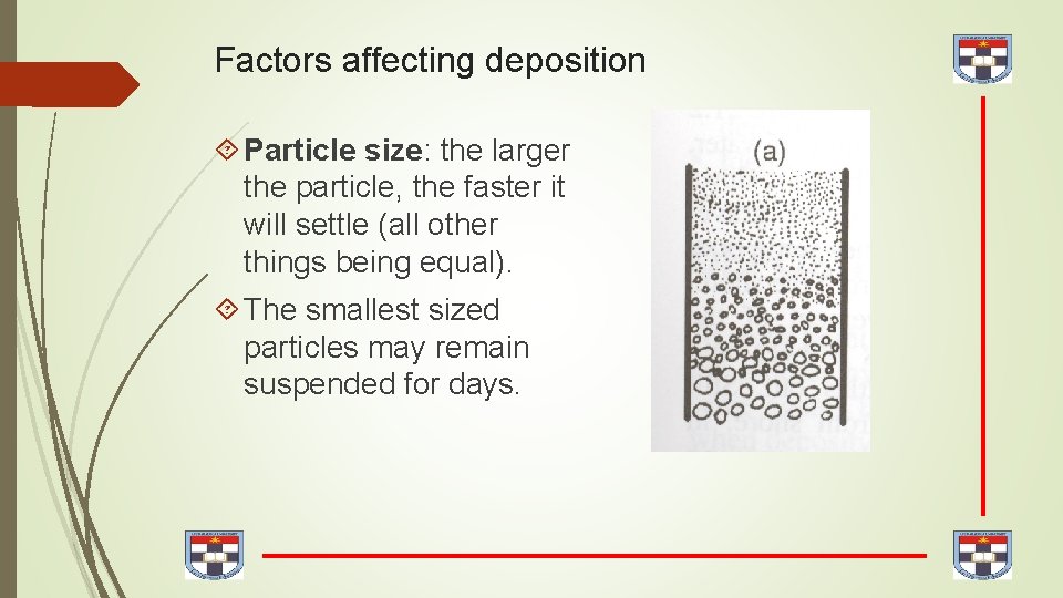 Factors affecting deposition Particle size: the larger the particle, the faster it will settle