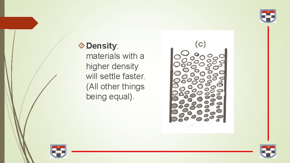  Density: materials with a higher density will settle faster. (All other things being